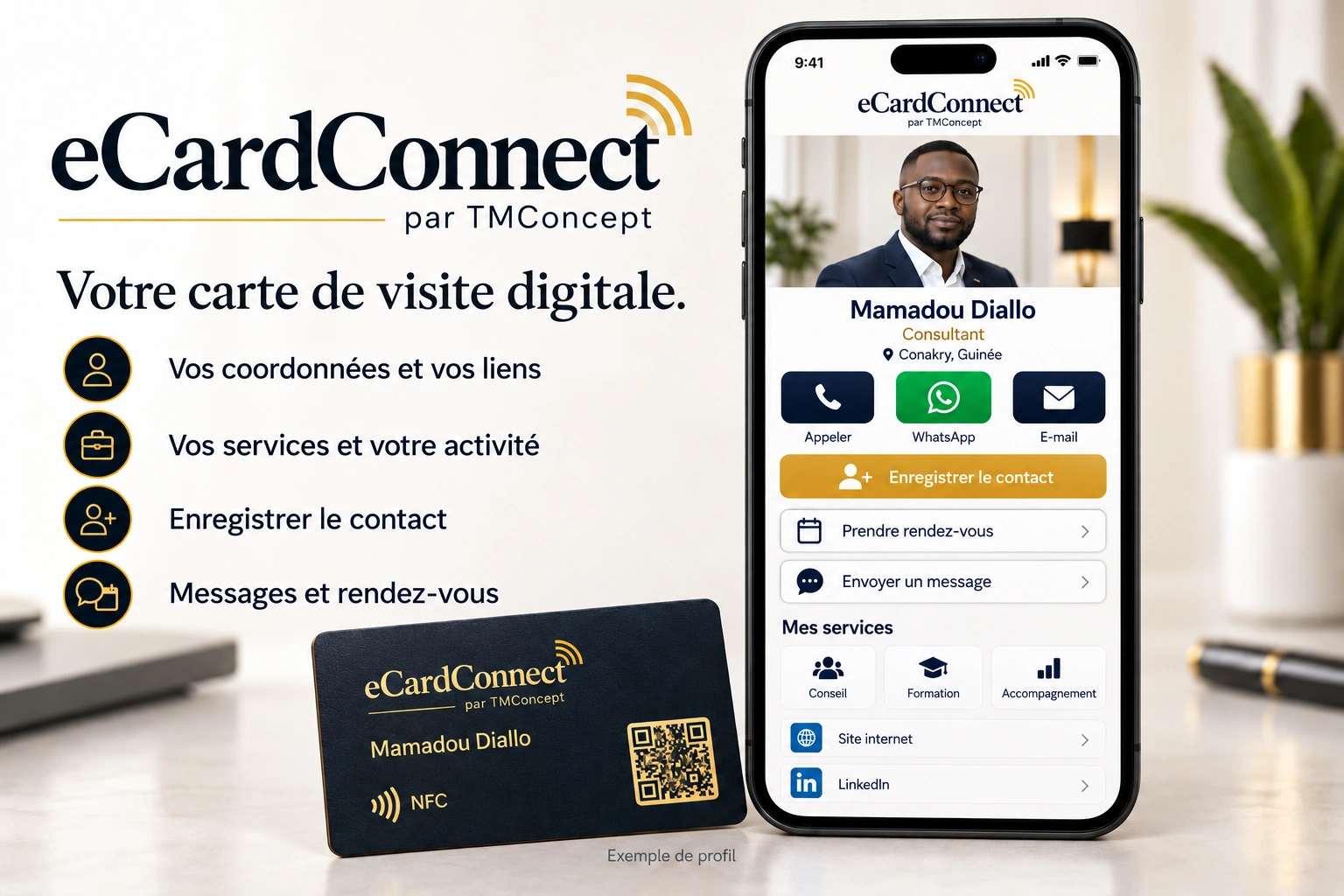 Exemple eCardConnect avec un professionnel africain, sa carte NFC et les actions de contact, message et rendez-vous