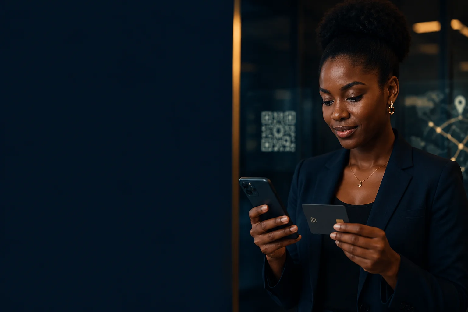 Professionnelle présentant une carte sans contact à côté de son téléphone