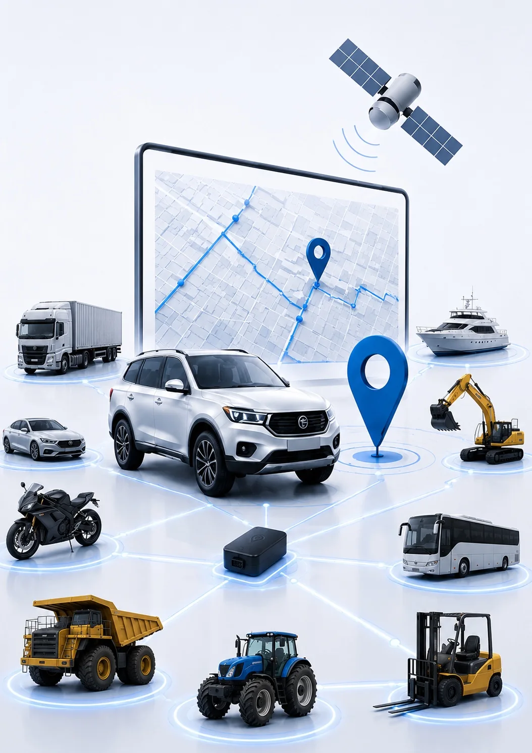 Illustration TMTrack avec plusieurs véhicules reliés à une carte de suivi GPS